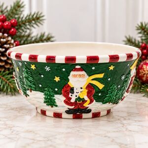 "MAKE THE SEASON BRIGHT" Large Santa Claus Serving Bowl Four Santa's